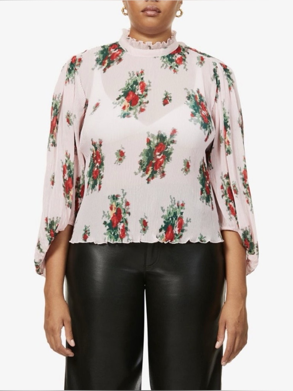Ganni Pink Floral Ruffle Mock Neck feminine georgette bohemian balloon sleeve co - Picture 3 of 9